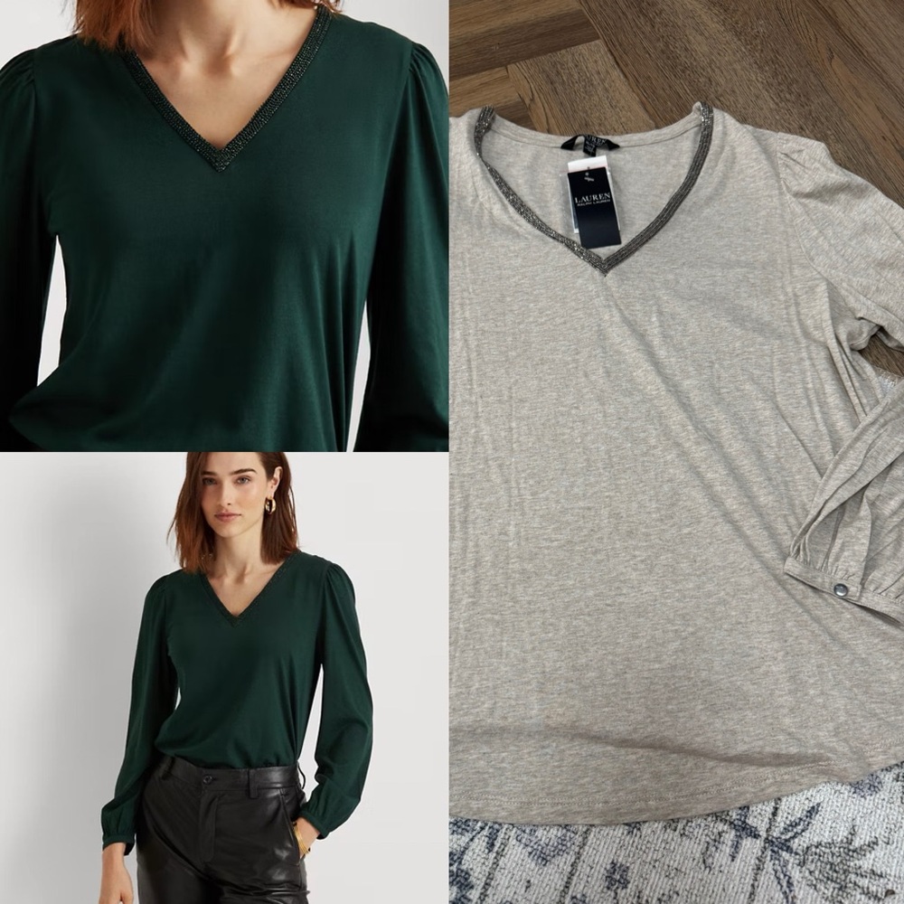 Lauren Ralph Lauren Beaded V-Neck Cotton Blouse NWT